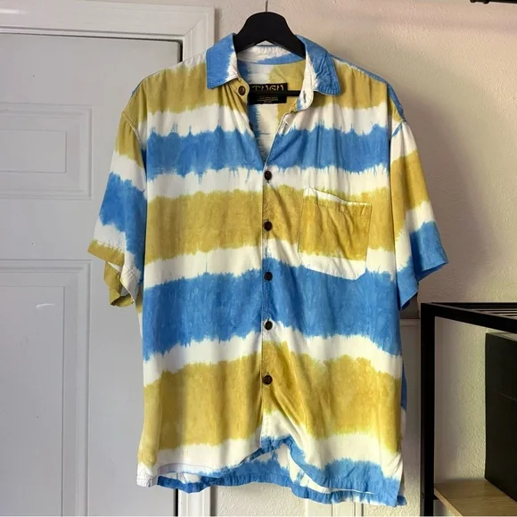 TUGU men’s yellow blue white striped rayon tie dye button up shirt - Picture 1 of 6